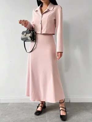 2pcs Elegant Gentle Style Elegant Pink Top And Skirt Set