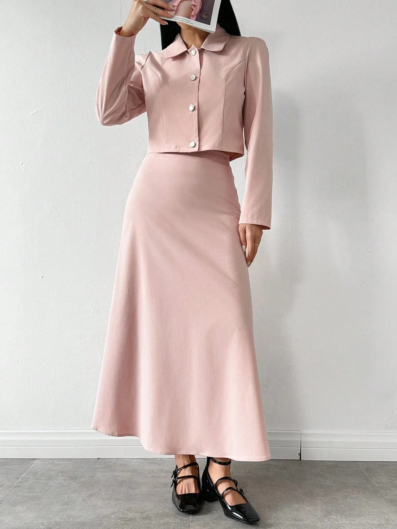 2pcs Elegant Gentle Style Elegant Pink Top And Skirt Set