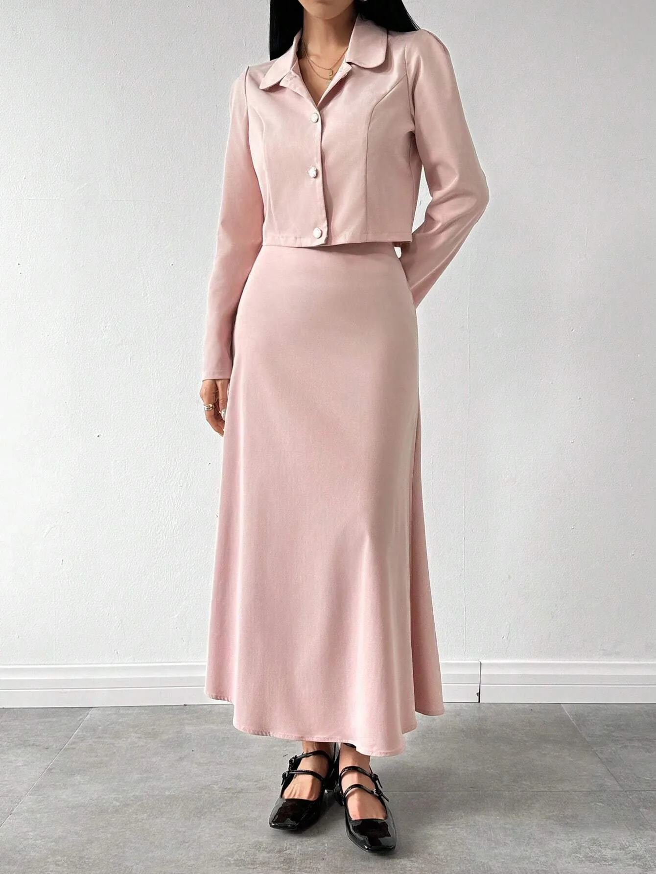 2pcs Elegant Gentle Style Elegant Pink Top And Skirt Set