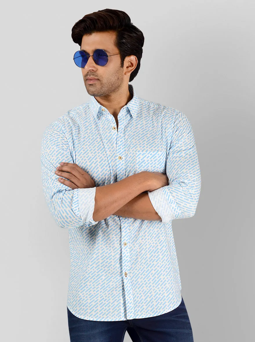 Air Blue & White Printed Slim Fit Casual Shirt | JadeBlue