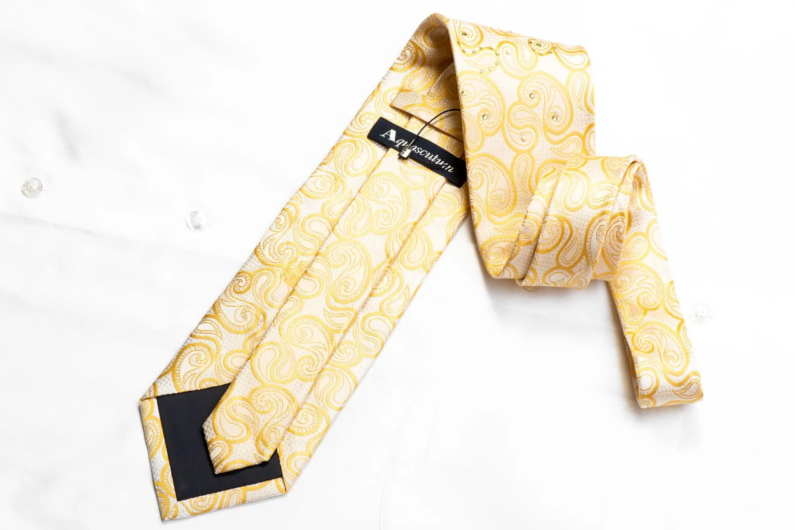 Aquascutum Rhinestone Tie Paisley On Yellow With Rhinestone Pearls