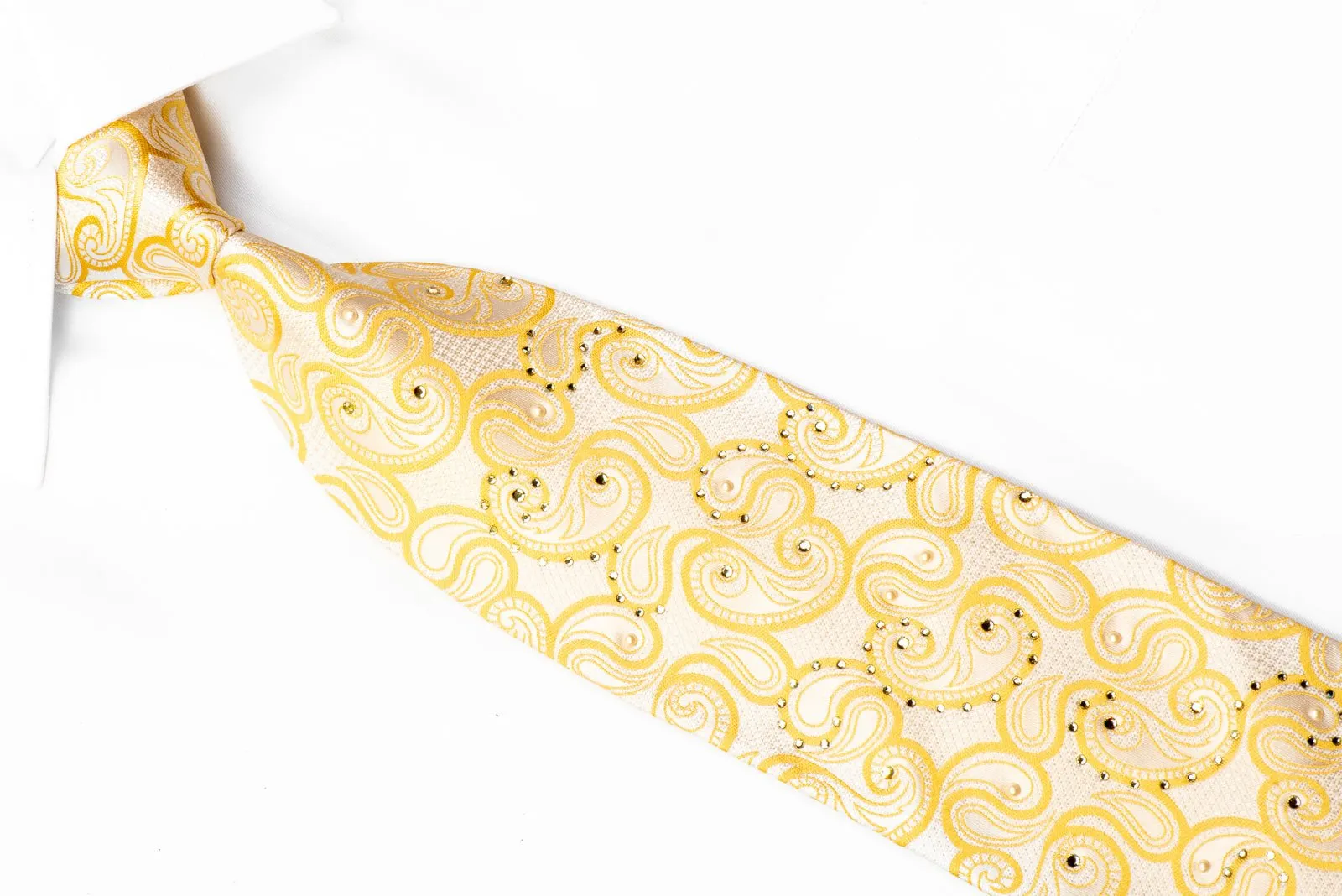 Aquascutum Rhinestone Tie Paisley On Yellow With Rhinestone Pearls