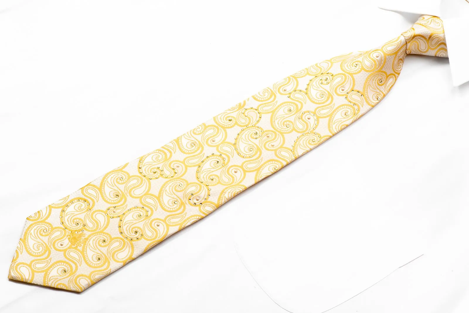 Aquascutum Rhinestone Tie Paisley On Yellow With Rhinestone Pearls