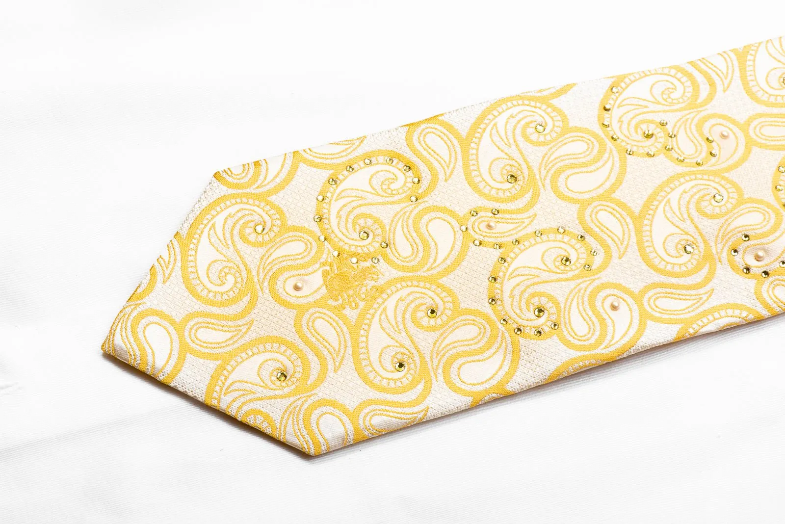 Aquascutum Rhinestone Tie Paisley On Yellow With Rhinestone Pearls