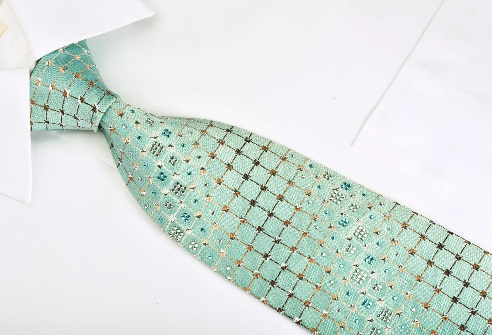 Arpeggio Rhinestone Silk Necktie Silver Trellis On Turquoise With Silver Sparkles