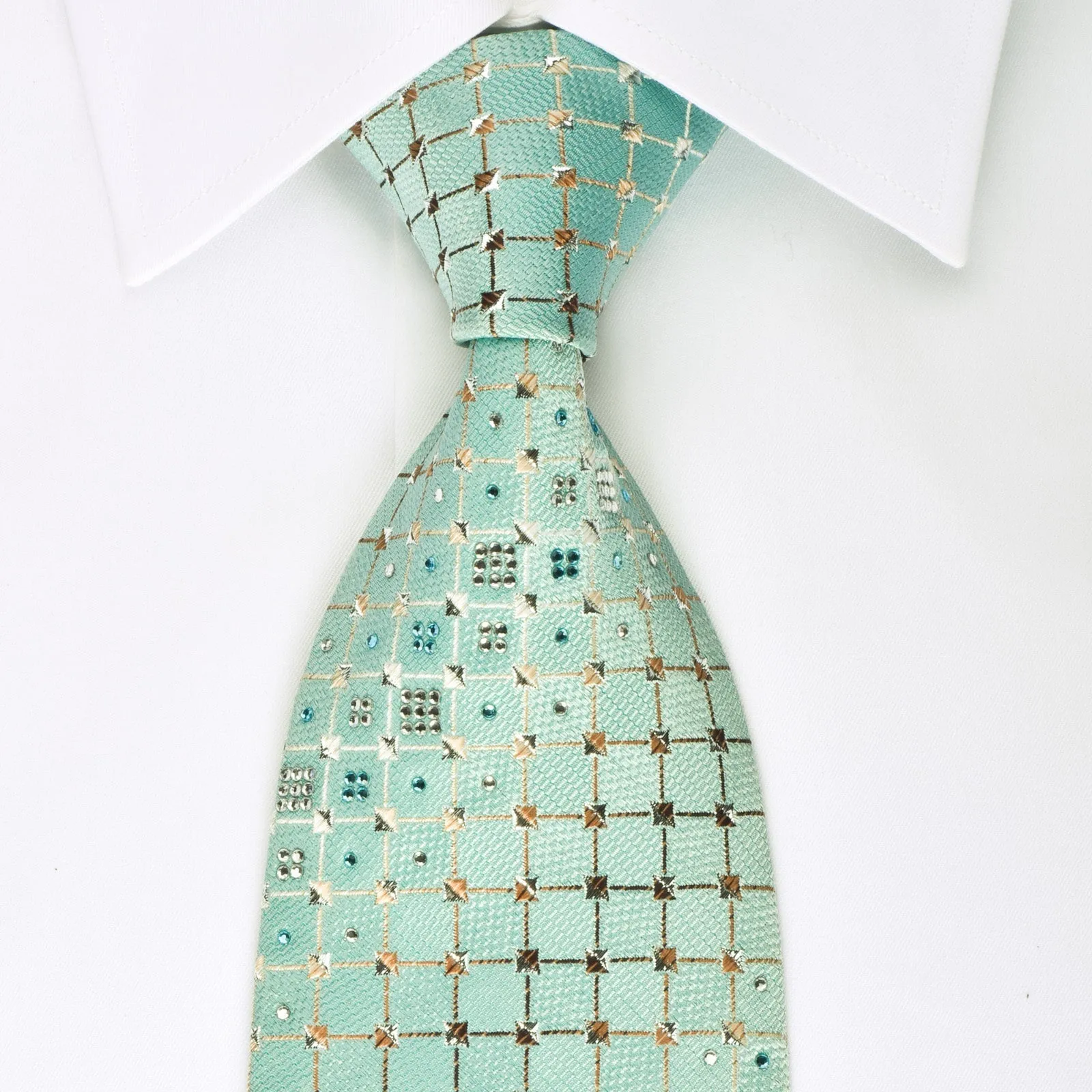 Arpeggio Rhinestone Silk Necktie Silver Trellis On Turquoise With Silver Sparkles