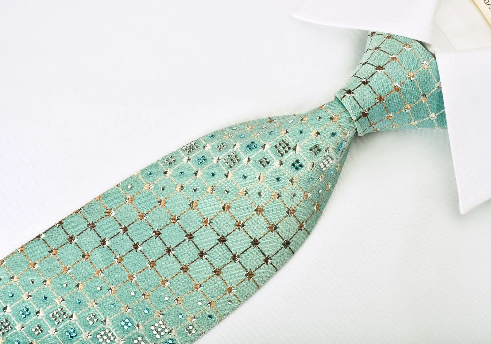 Arpeggio Rhinestone Silk Necktie Silver Trellis On Turquoise With Silver Sparkles