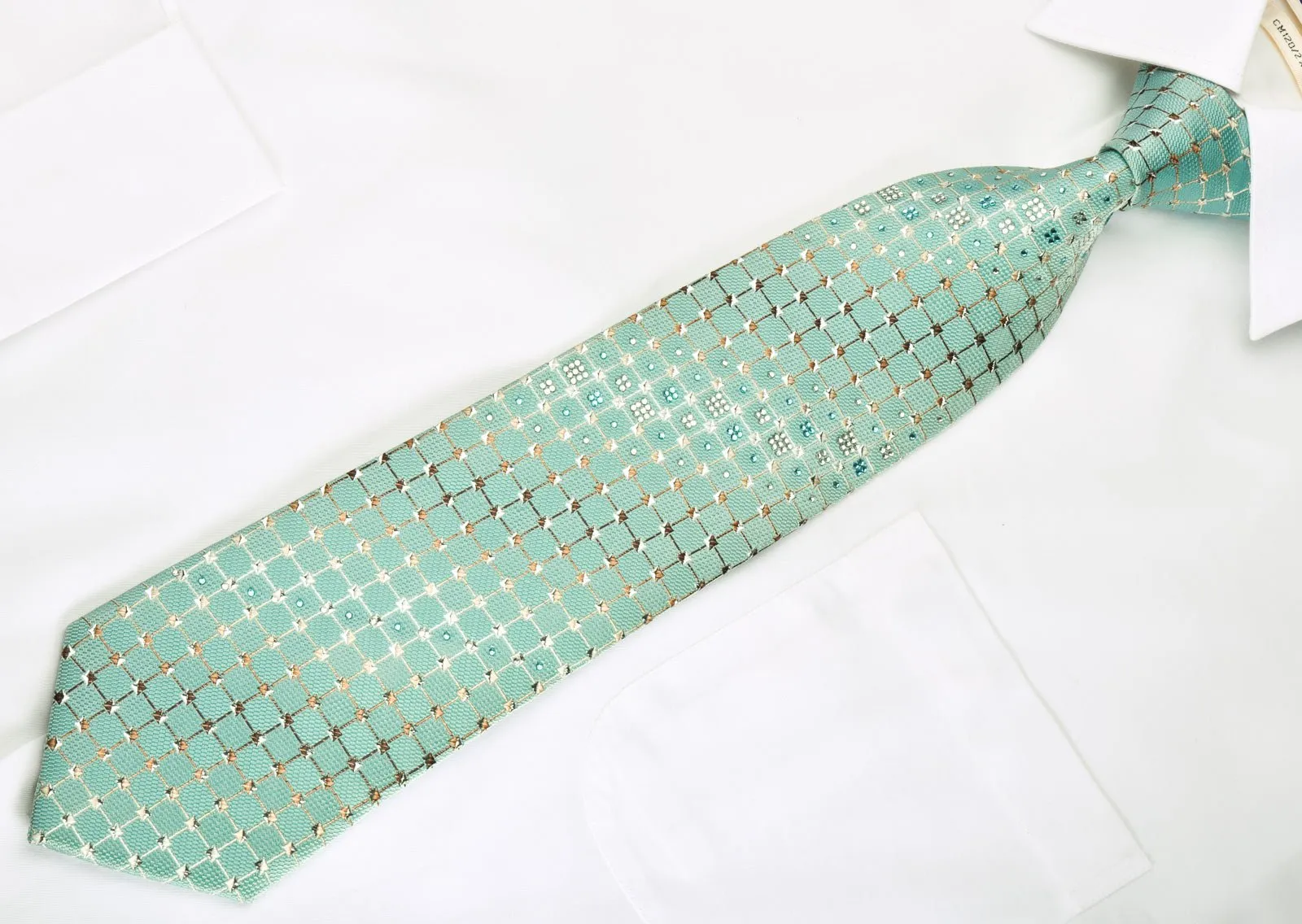 Arpeggio Rhinestone Silk Necktie Silver Trellis On Turquoise With Silver Sparkles