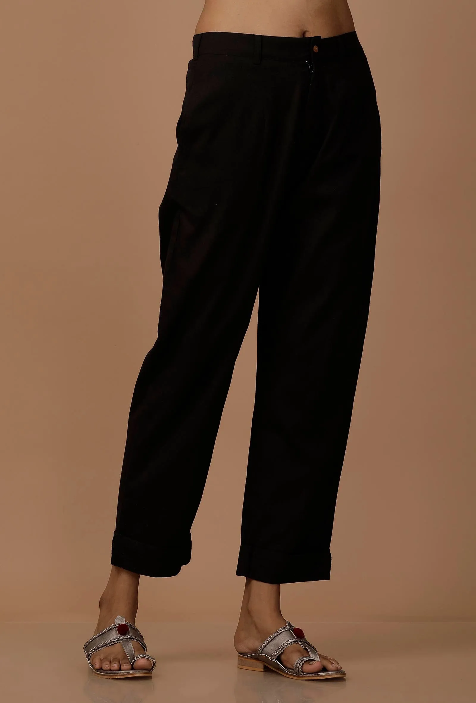 Black Cotton Cotton Flex Pants