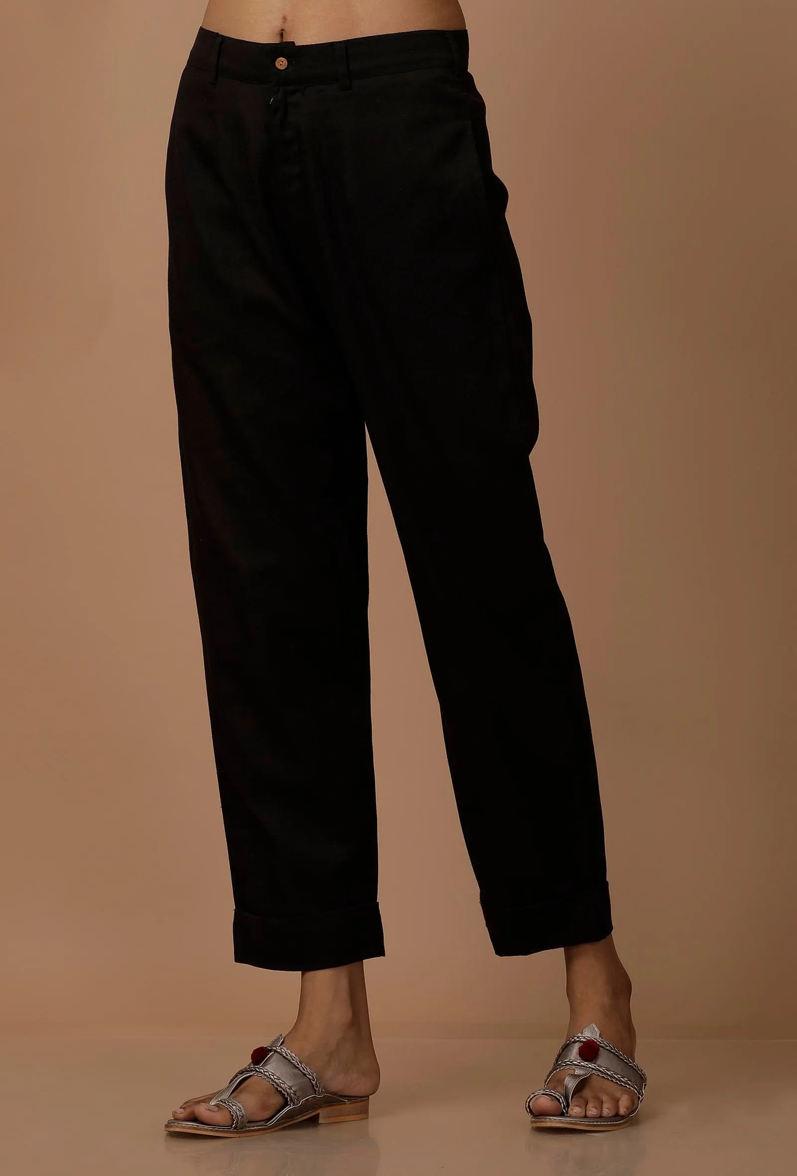 Black Cotton Cotton Flex Pants