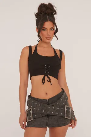 Black Lace Up Detail Cropped Top - Indie