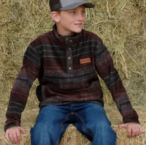 Cinch Youth Boy's Serape Stripe Quarter Snap Fleece Pullover in Brown