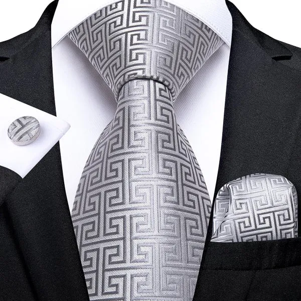 Classy Men Silver Geometric Silk Tie