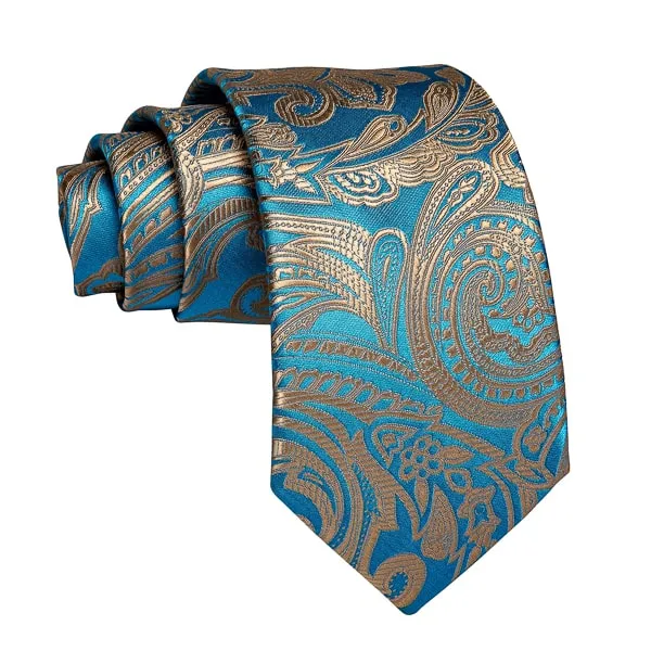 Classy Men Turquoise Gold Paisley Silk Tie