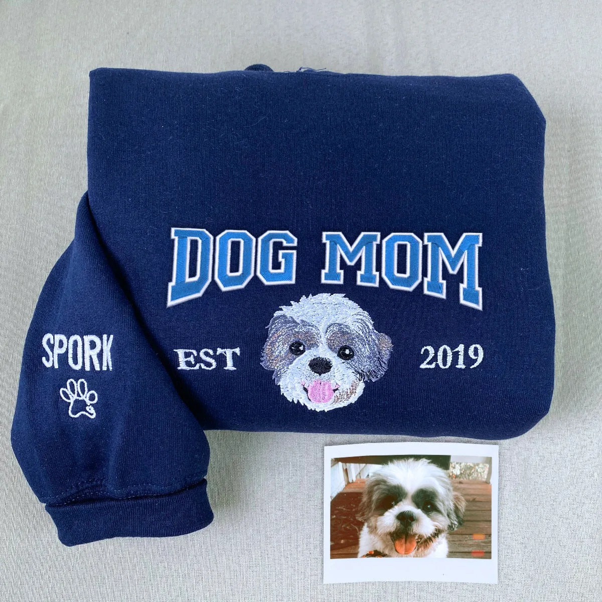 Custom Embroidered Dog Mom Varsity Sweatshirt, Personalized Crewneck with Icon, Gift For Dog Owners