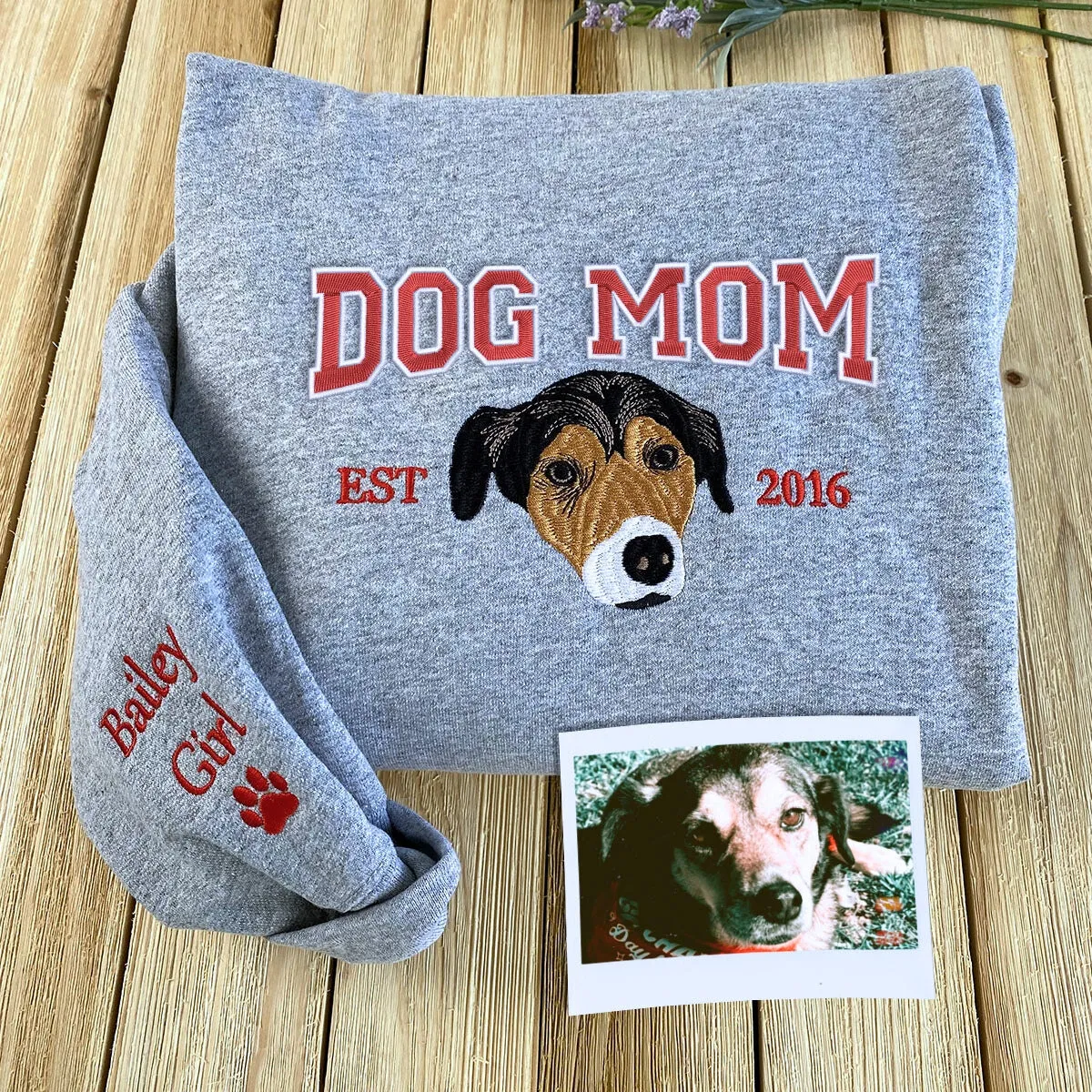 Custom Embroidered Dog Mom Varsity Sweatshirt, Personalized Crewneck with Icon, Gift For Dog Owners