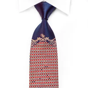 Daniel Hechter Men's Crystal Silk Tie Red Gold Harlequin Checker On Dark Blue With Gold Sparkles