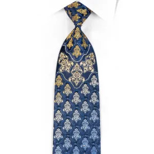 Daniel Hechter Rhinestone Necktie Damask On Blue With Gold Sparkles