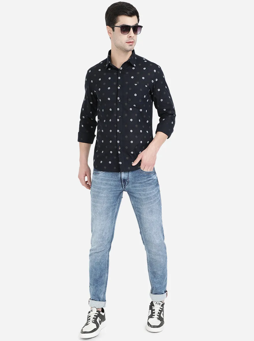 Dark Blue Printed Slim Fit Semi Casual Shirt | Greenfibre