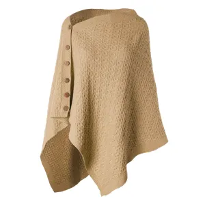 Lambswool Aran Knit Poncho- Camel