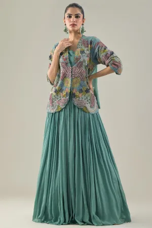 Light Turquoise Embroidered Organza Silk Jacket-Skirt Set