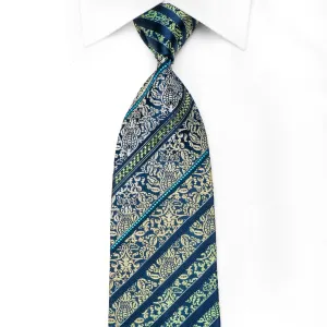 Mila Schon Men's Crystal Silk Tie Yellow Green Anthemion Stripes On Dark Blue With Sparkles