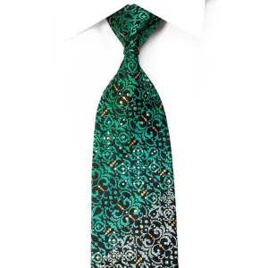 Perry Ellis Rhinestone Silk Tie Teal Acanthus On Black With Gold Sparkles