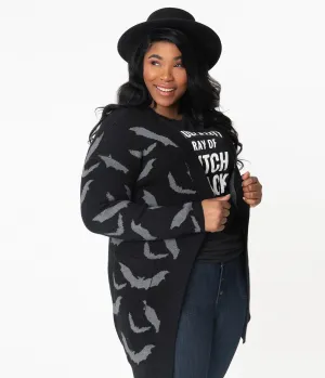 Plus Size Black & Grey Bats Open Long Cardigan