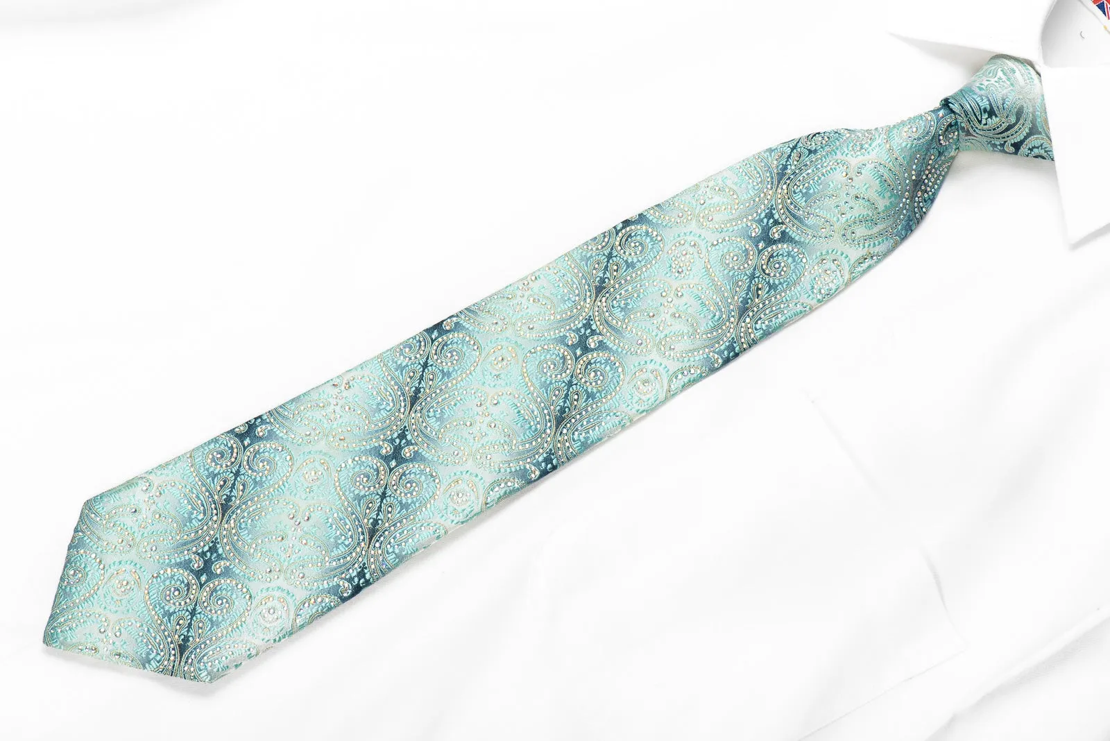 Renoma Men's Crystal Rhinestone Silk Necktie Paisley On Blue Silver With Golden Thread