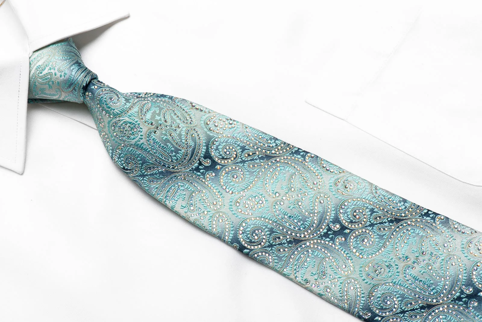 Renoma Men's Crystal Rhinestone Silk Necktie Paisley On Blue Silver With Golden Thread