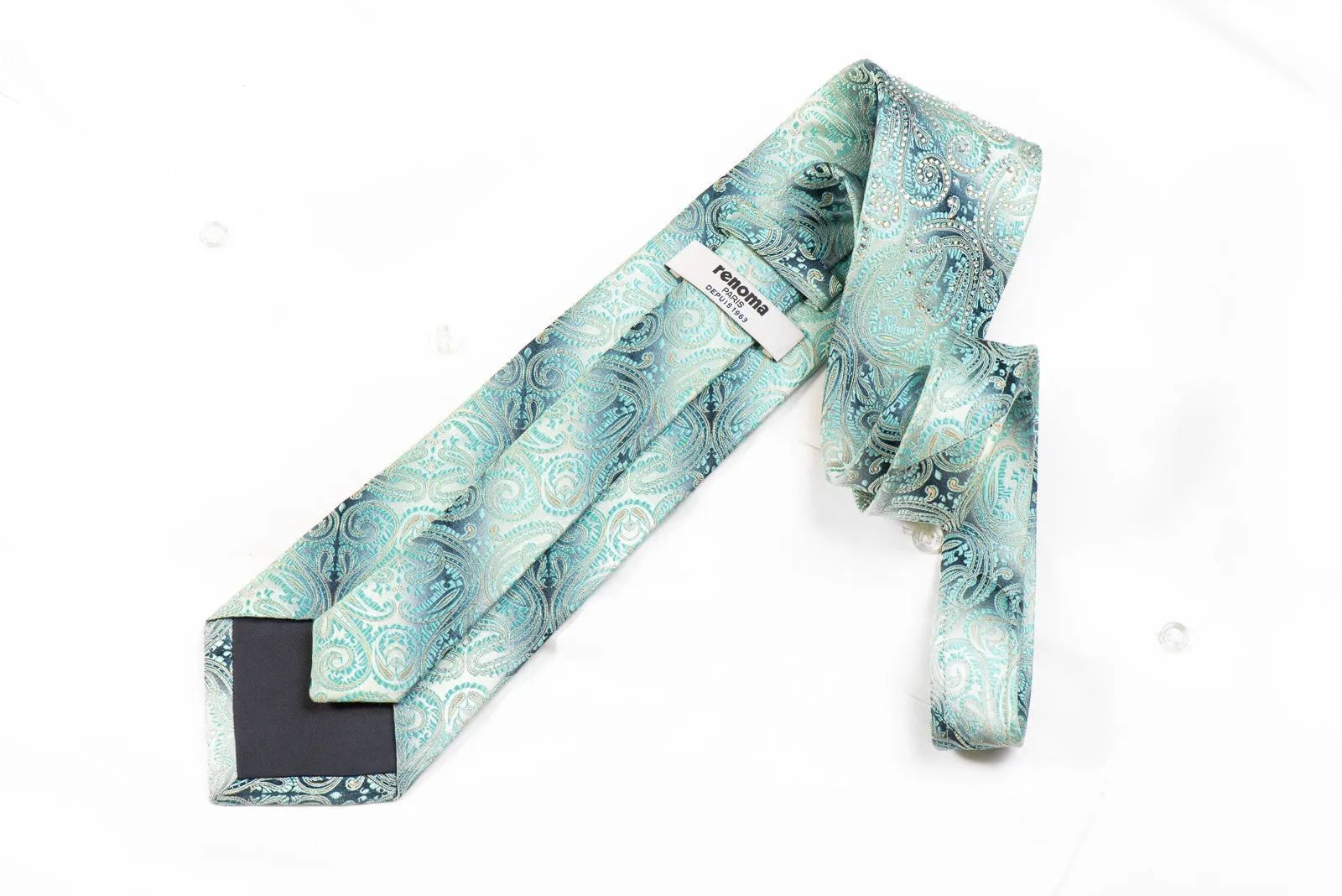 Renoma Men's Crystal Rhinestone Silk Necktie Paisley On Blue Silver With Golden Thread