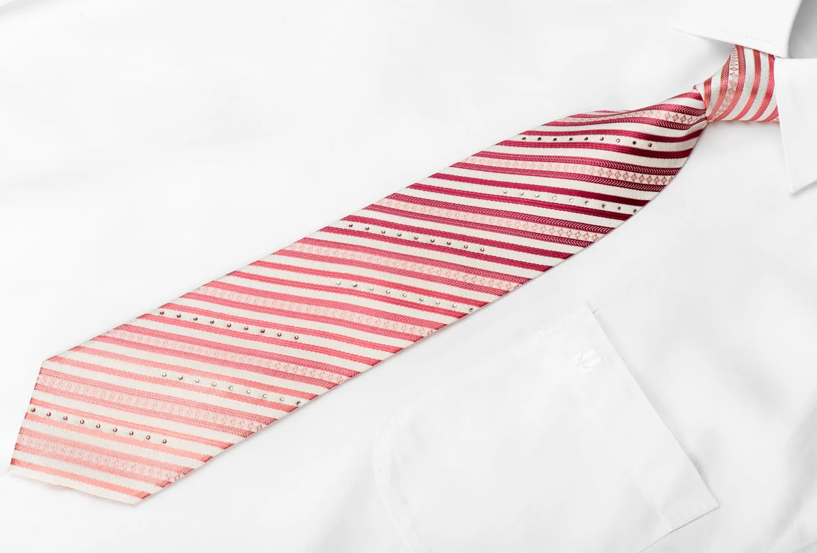 Renoma Men's Crystal Silk Necktie Pink Striped On White With Silver Sparkles