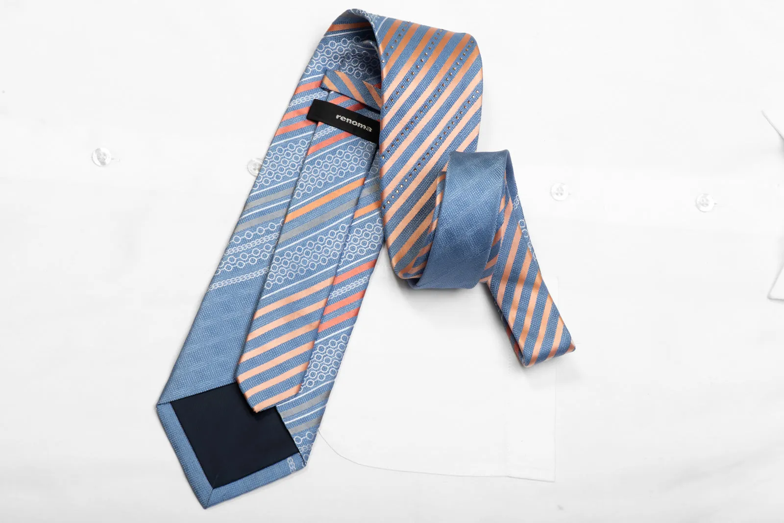 Renoma Rhinestone Silk Tie Orange Silver Striped On Blue