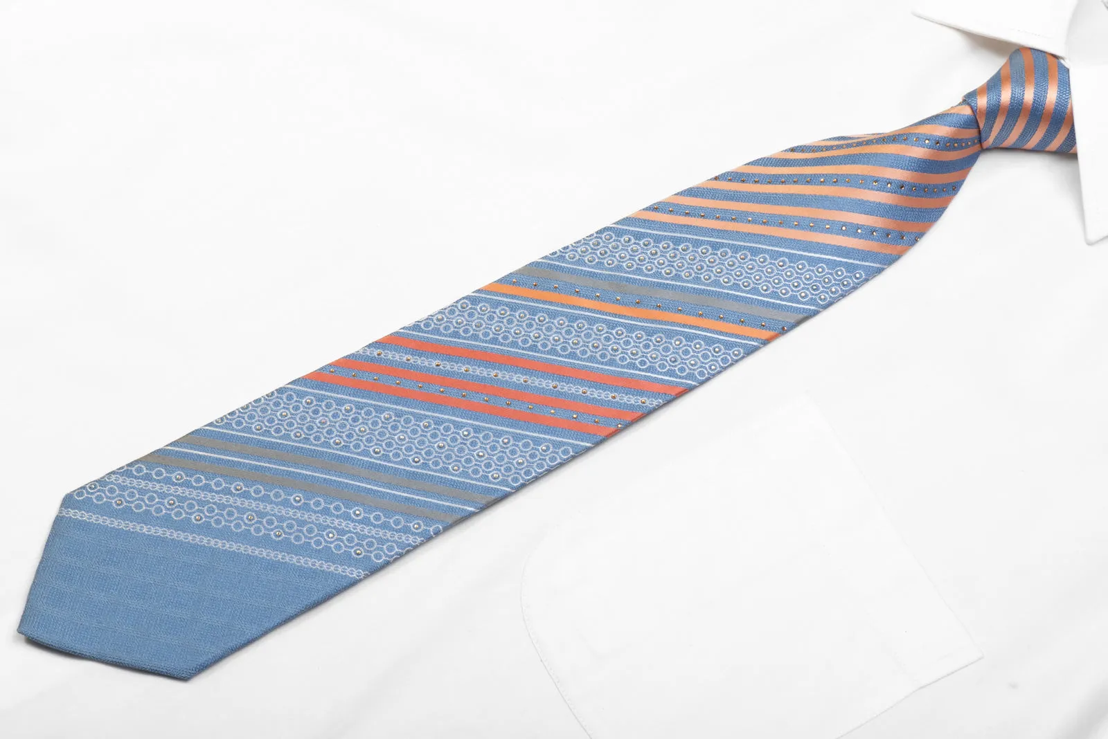 Renoma Rhinestone Silk Tie Orange Silver Striped On Blue