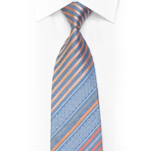 Renoma Rhinestone Silk Tie Orange Silver Striped On Blue