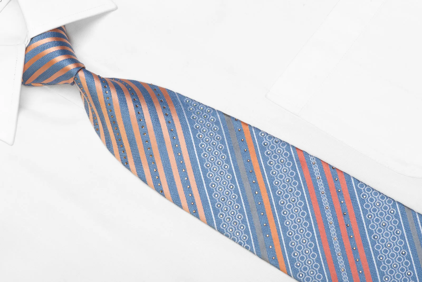 Renoma Rhinestone Silk Tie Orange Silver Striped On Blue