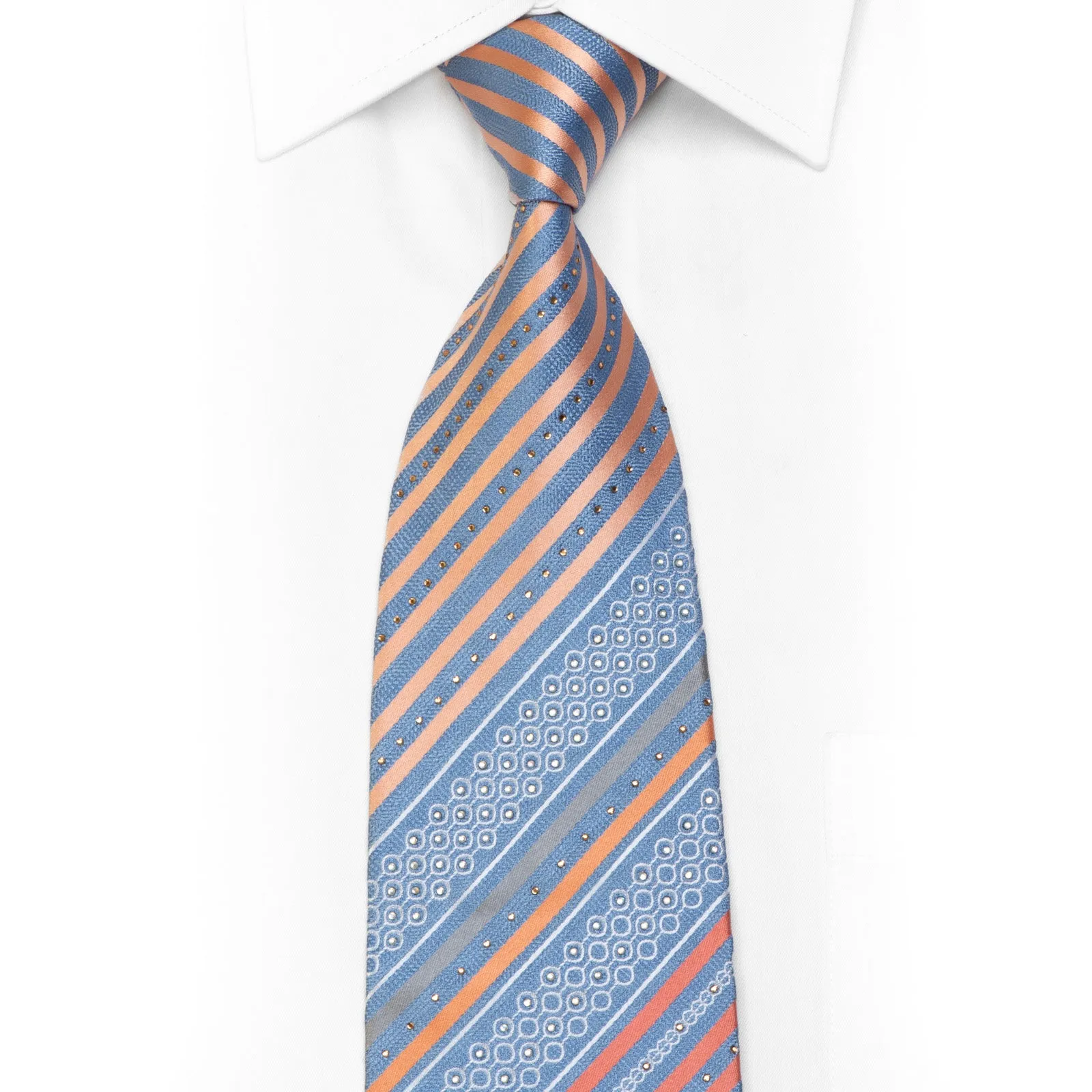 Renoma Rhinestone Silk Tie Orange Silver Striped On Blue