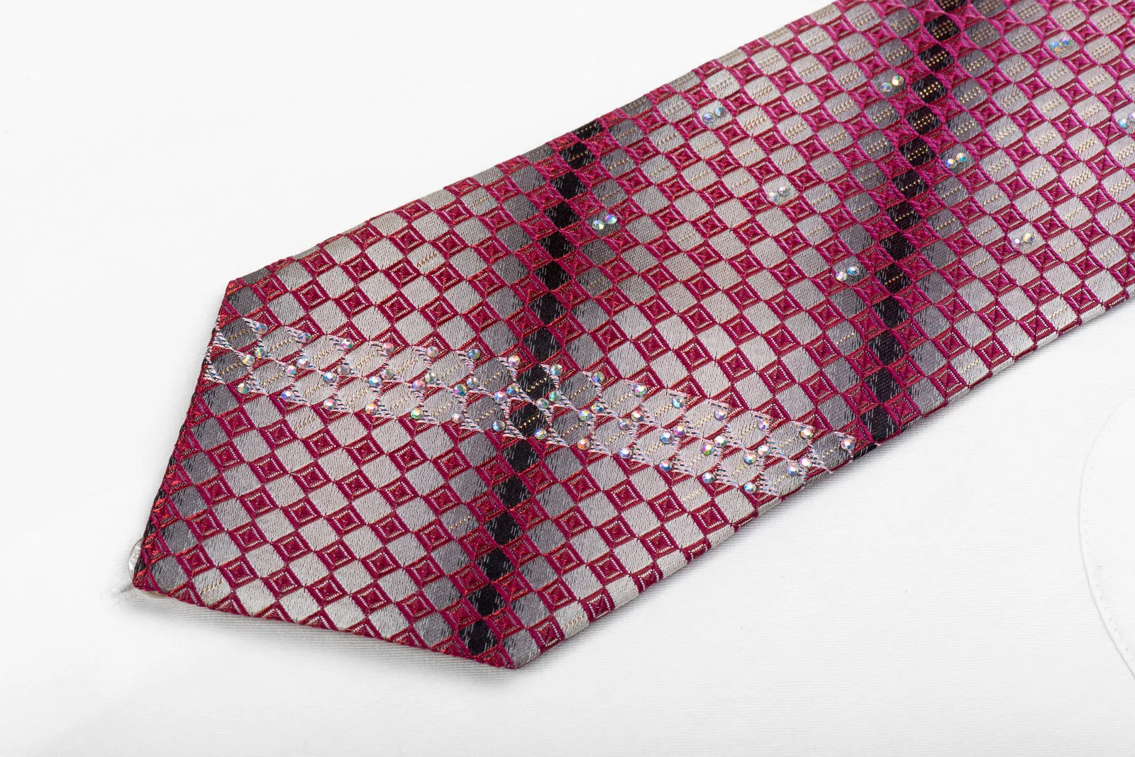 Roberta di Camerino Mens Silk Necktie Burgundy Silver Checkered With Silver Sparkles