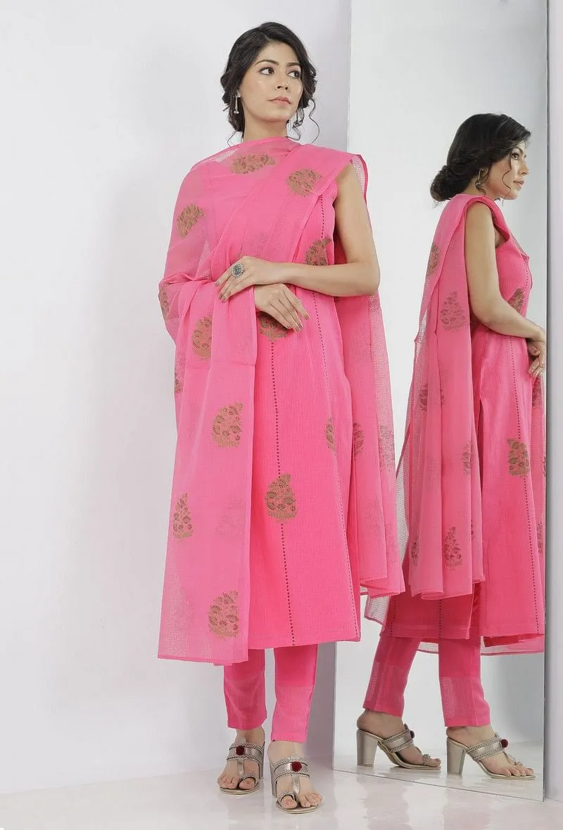 Set of 3: Raisa Pink Hand-Block Printed Kota Straight Fit Sleeveless Kurta with Plain Cotton kota border Pants and Floral Hand-Block Printed Kota Dupatta