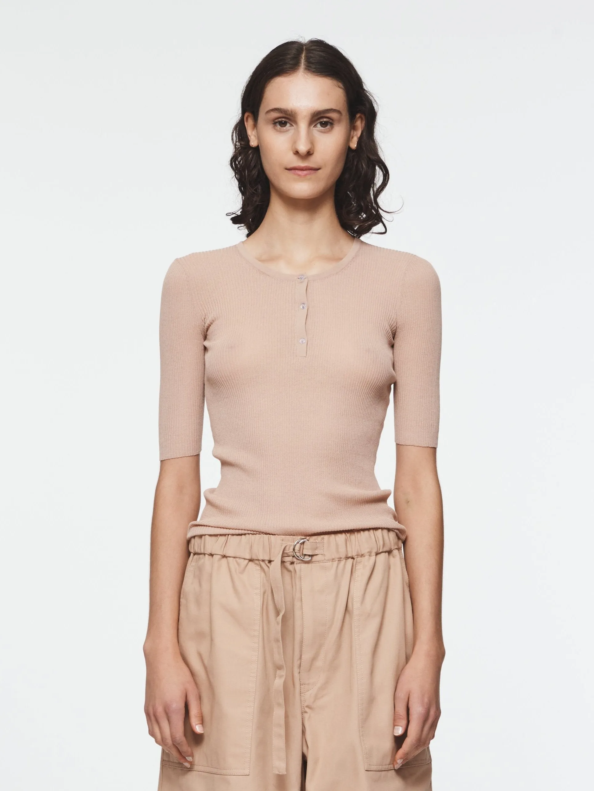 Sheer Ribbed Henley in Nude