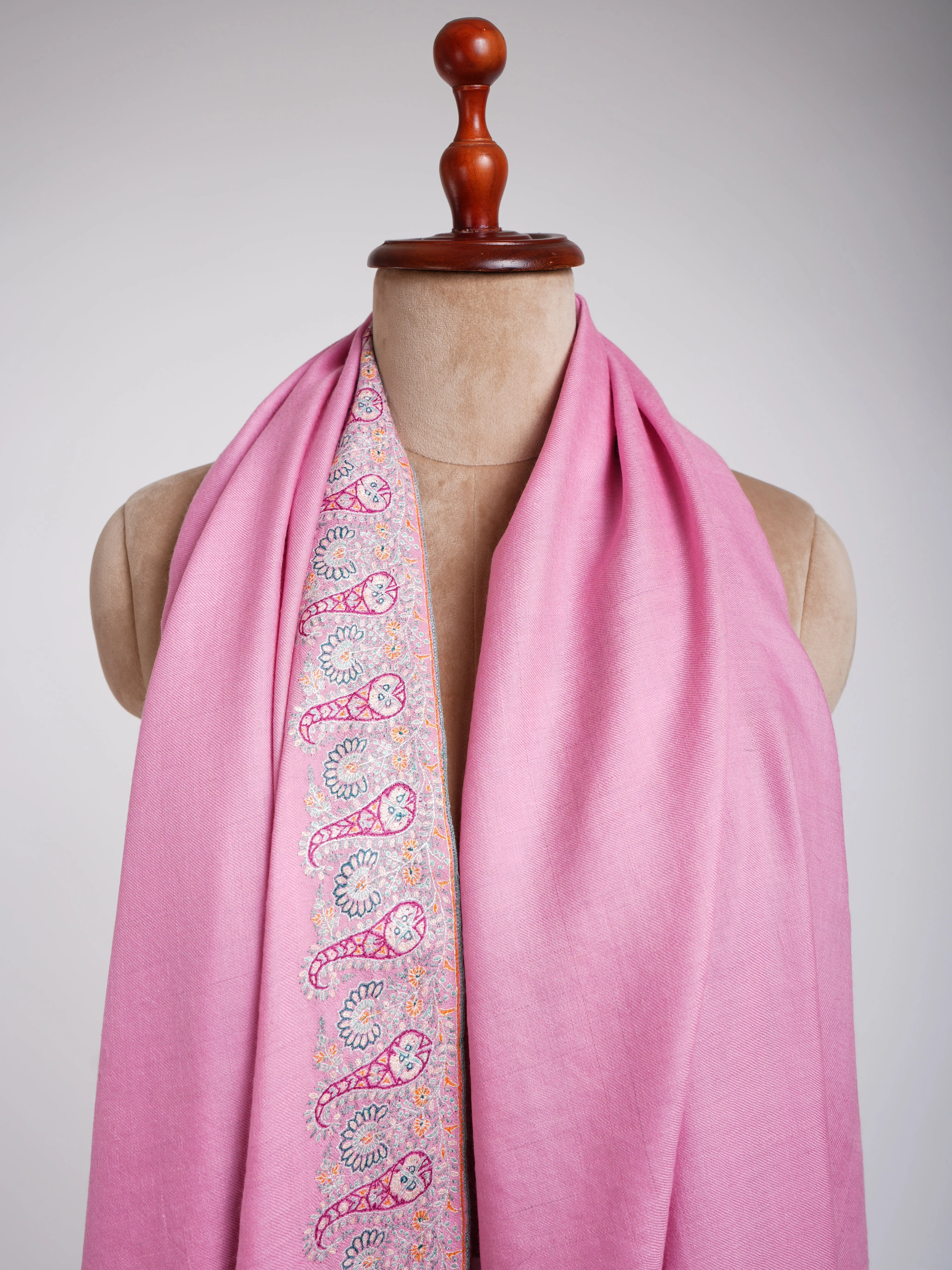 Sozni Daur Dar Hand Embroidered Pashmina Pink