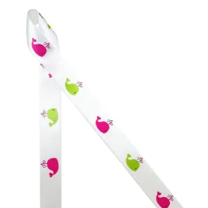 Spouting Whales Ribbon in Green and Pink on 5/8" White Single Face Satin