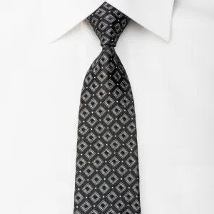 The Class Men's Skinny Necktie Silver Neat Squares On Black