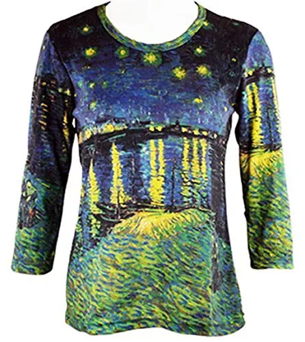 Van Gogh Starry Night Over The Rhone, 3/4 Sleeve Hand Silk-Screened Art Top