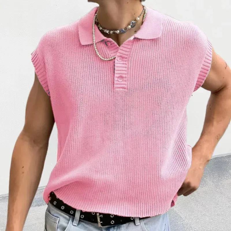 Wiaofellas   -  Spring Summer Mens Casual Polo Shirts Solid Sleeveless Button Lapel Knitting Tops Men Clothes Casual Loose Polos Tees Shirt