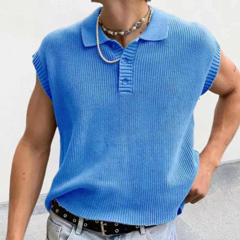 Wiaofellas   -  Spring Summer Mens Casual Polo Shirts Solid Sleeveless Button Lapel Knitting Tops Men Clothes Casual Loose Polos Tees Shirt