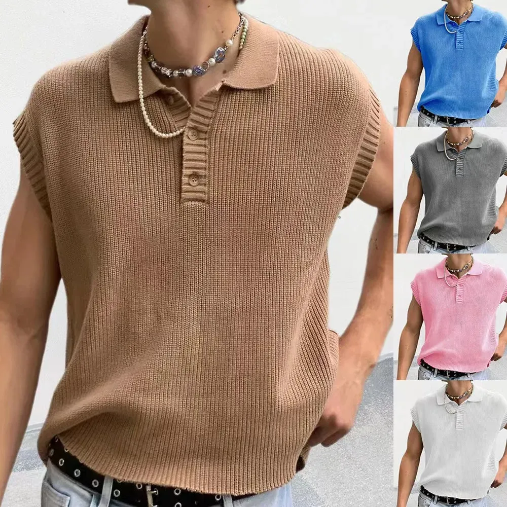 Wiaofellas   -  Spring Summer Mens Casual Polo Shirts Solid Sleeveless Button Lapel Knitting Tops Men Clothes Casual Loose Polos Tees Shirt