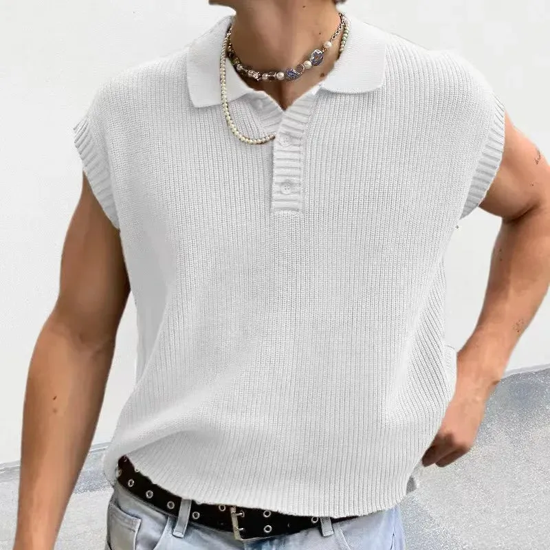 Wiaofellas   -  Spring Summer Mens Casual Polo Shirts Solid Sleeveless Button Lapel Knitting Tops Men Clothes Casual Loose Polos Tees Shirt