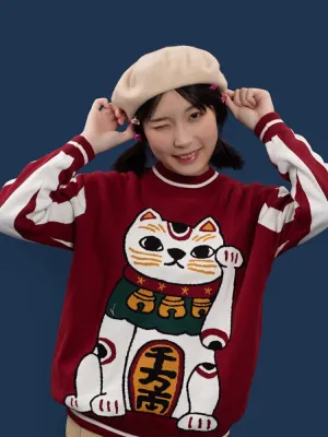 Women Cartoon Lucky Cat Embroidery Red Sweaters Harajuku Kawaii Knitted Pullover Winter Long Sleeve O-Neck Sweater