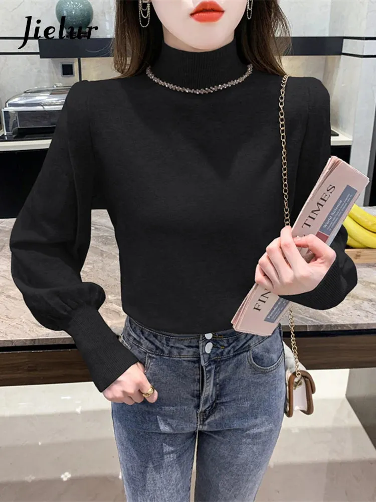 Women Knitted Sweaters Autumn Winter Half Turtleneck Diamond Latern Sleeve Blue Pullovers New Female Elegant Jumper Tops